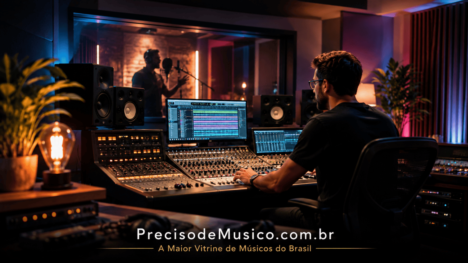 Estúdio de gravação profissional com mesa de som e cabine