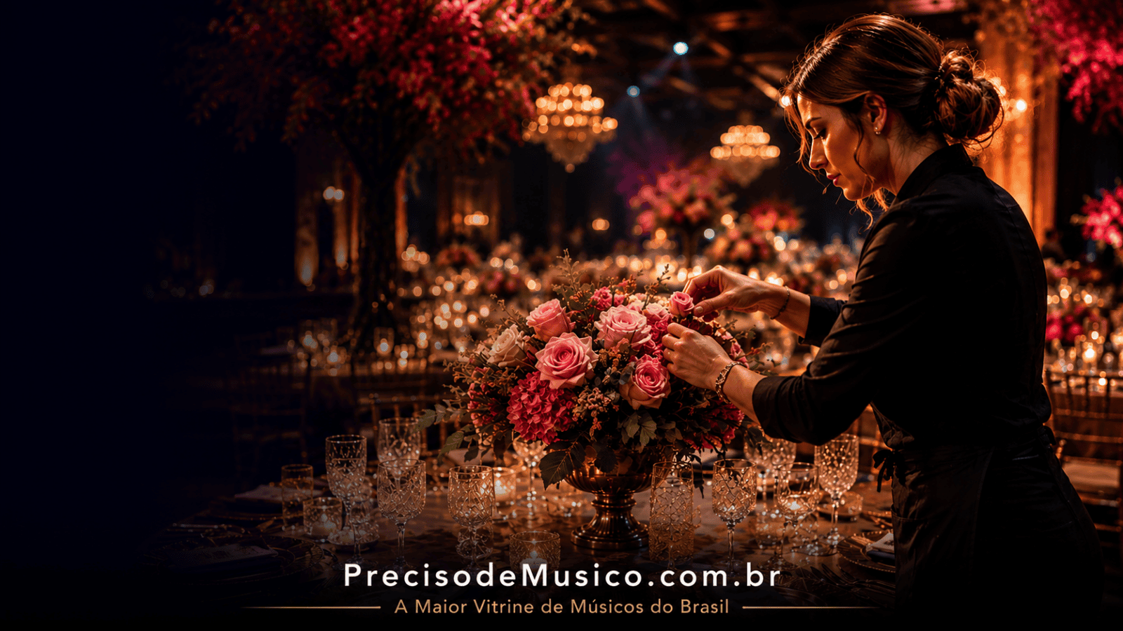 Profissional finalizando a decoração de um salão de festas