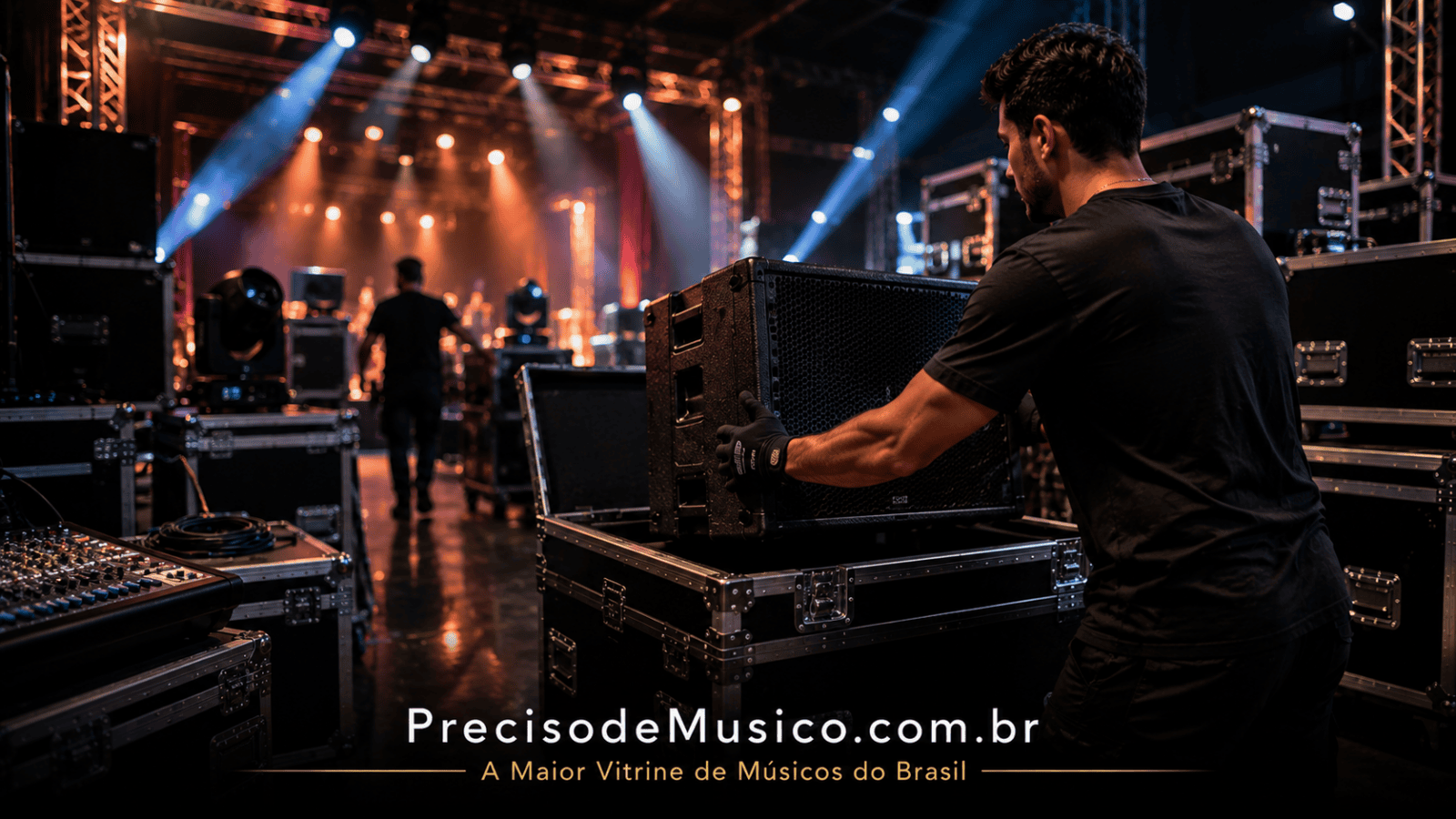 Estrutura de som e iluminação sendo montada para um show
